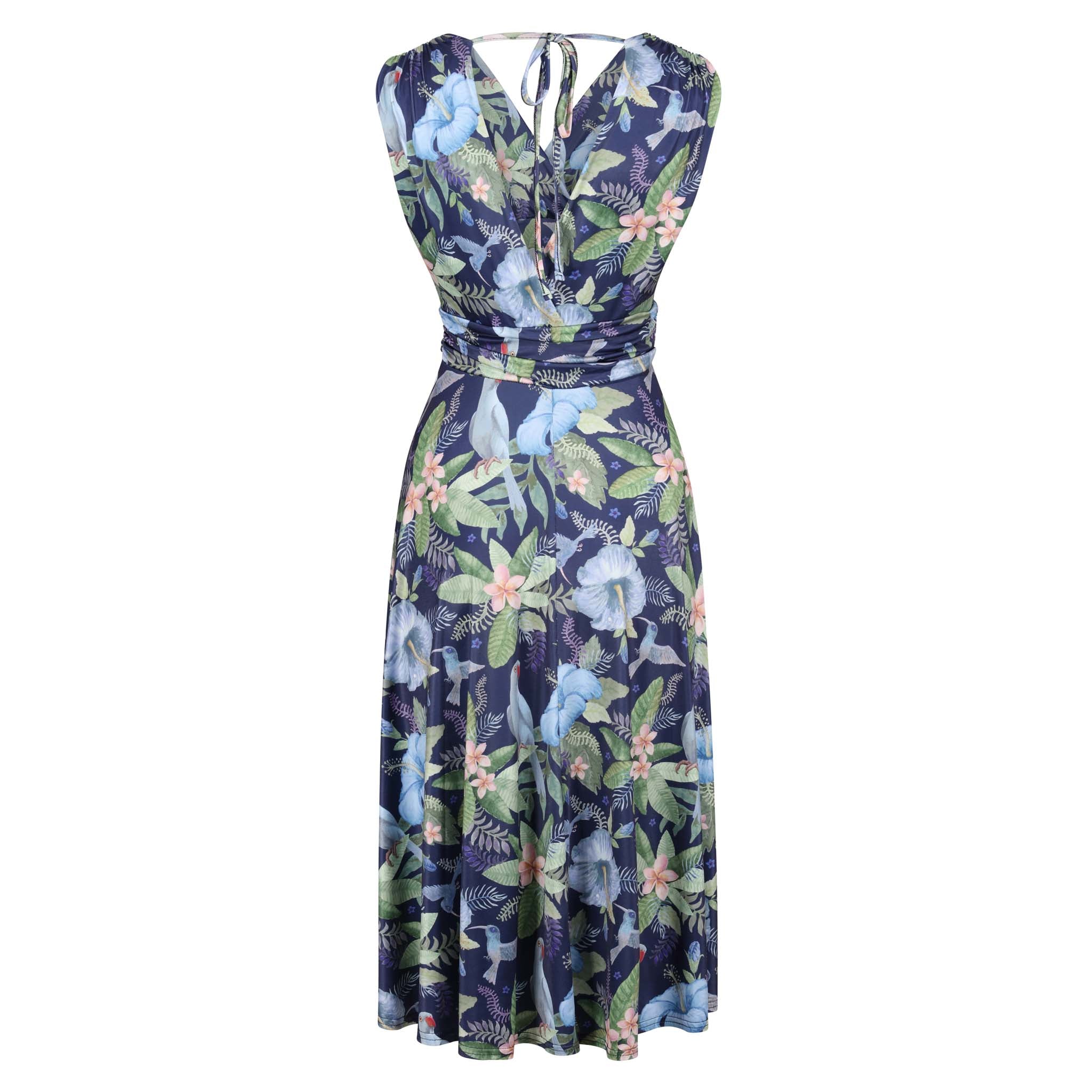 Navy Blue Bird V Neck Crossover Top Empire Waist Swing Dress Tropical Pattern