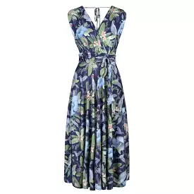 Navy Blue Bird V Neck Crossover Top Empire Waist Swing Dress Tropical Pattern