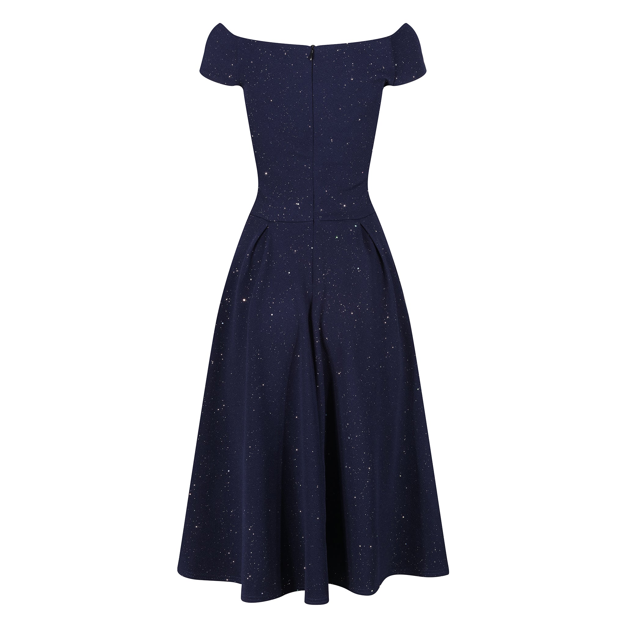 Navy Blue Glitter Ruched Cap Sleeve Off Shoulder 1950s Swing Dress