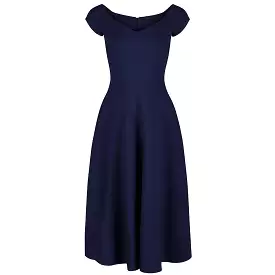 Navy Blue V Neck 50s Swing Dress with Cap Sleeves