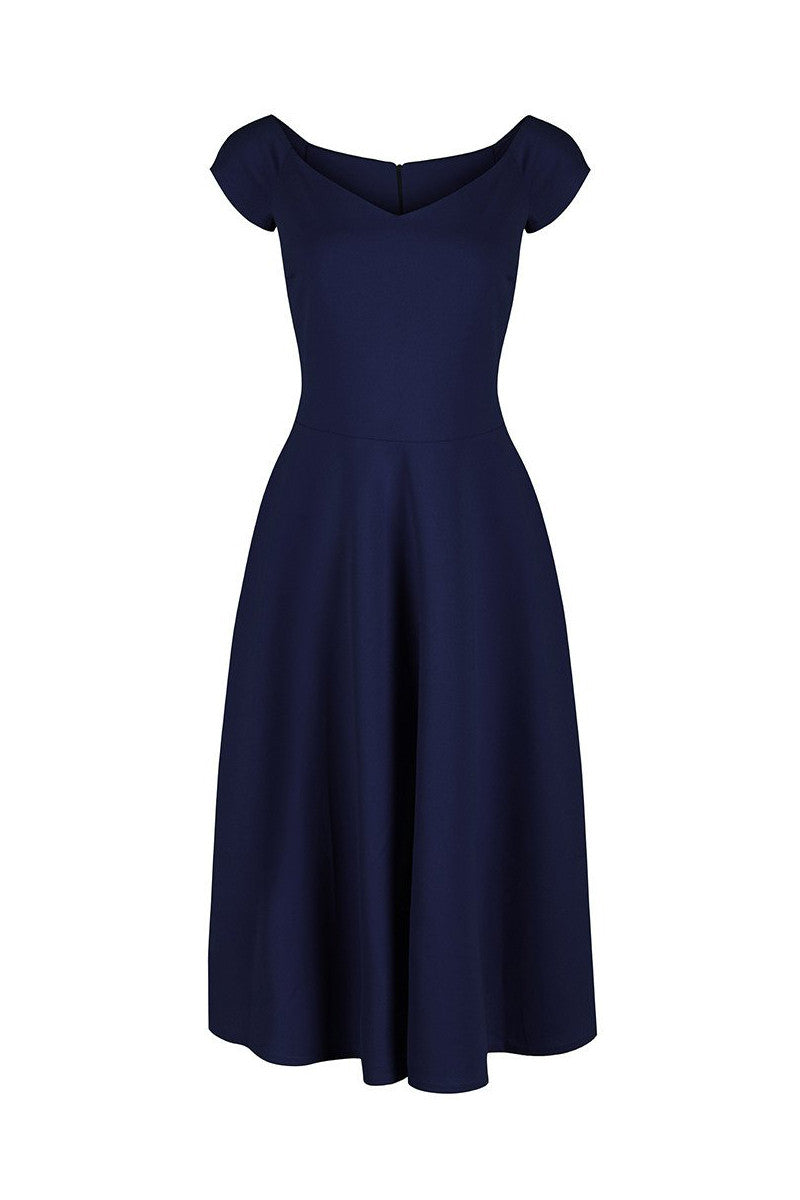 Navy Blue V Neck 50s Swing Dress with Cap Sleeves