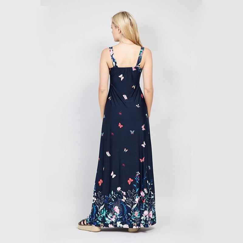 Navy Sleeveless Long Dress (Butterfly Style)