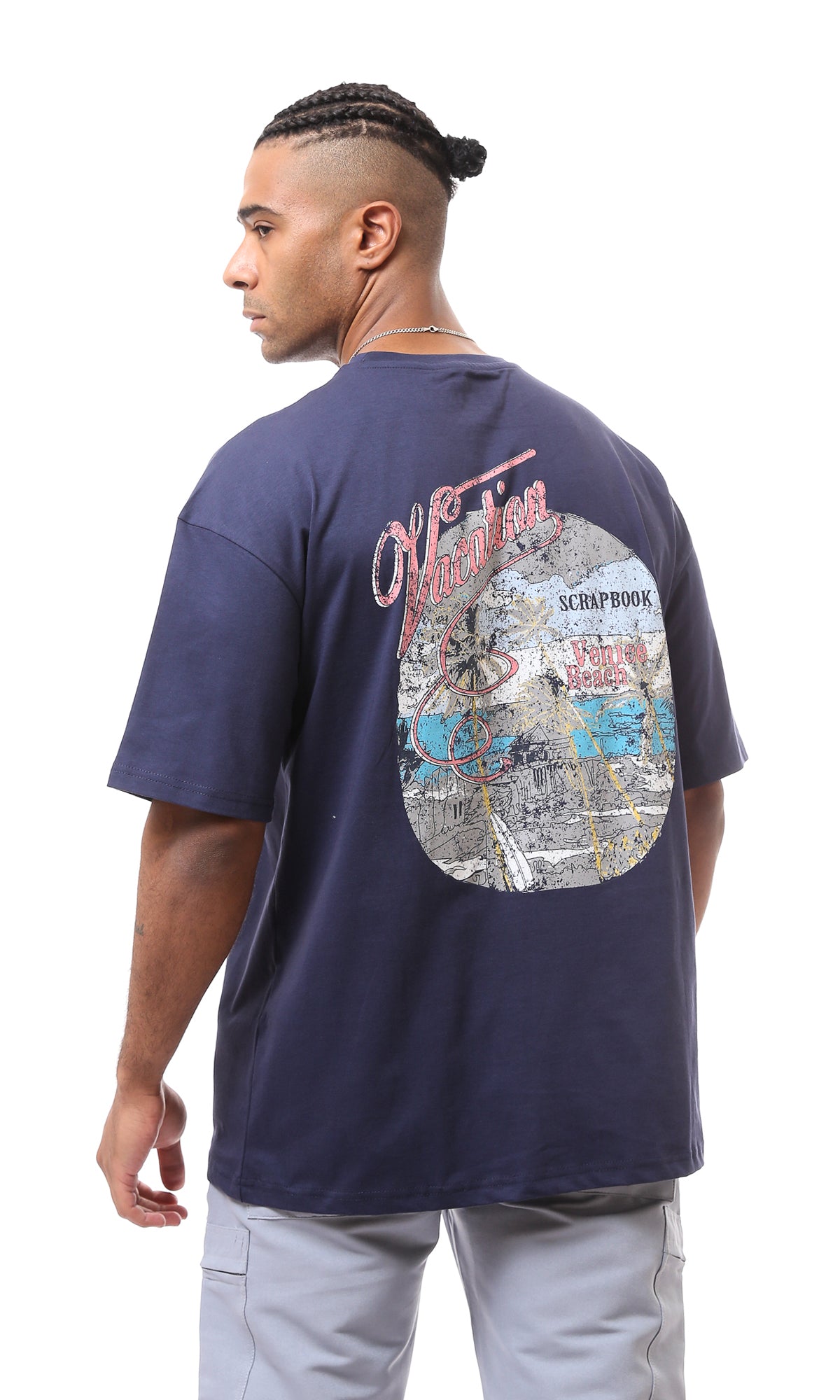 O163379 Navy Blue Cotton Tee with Front & Back Print