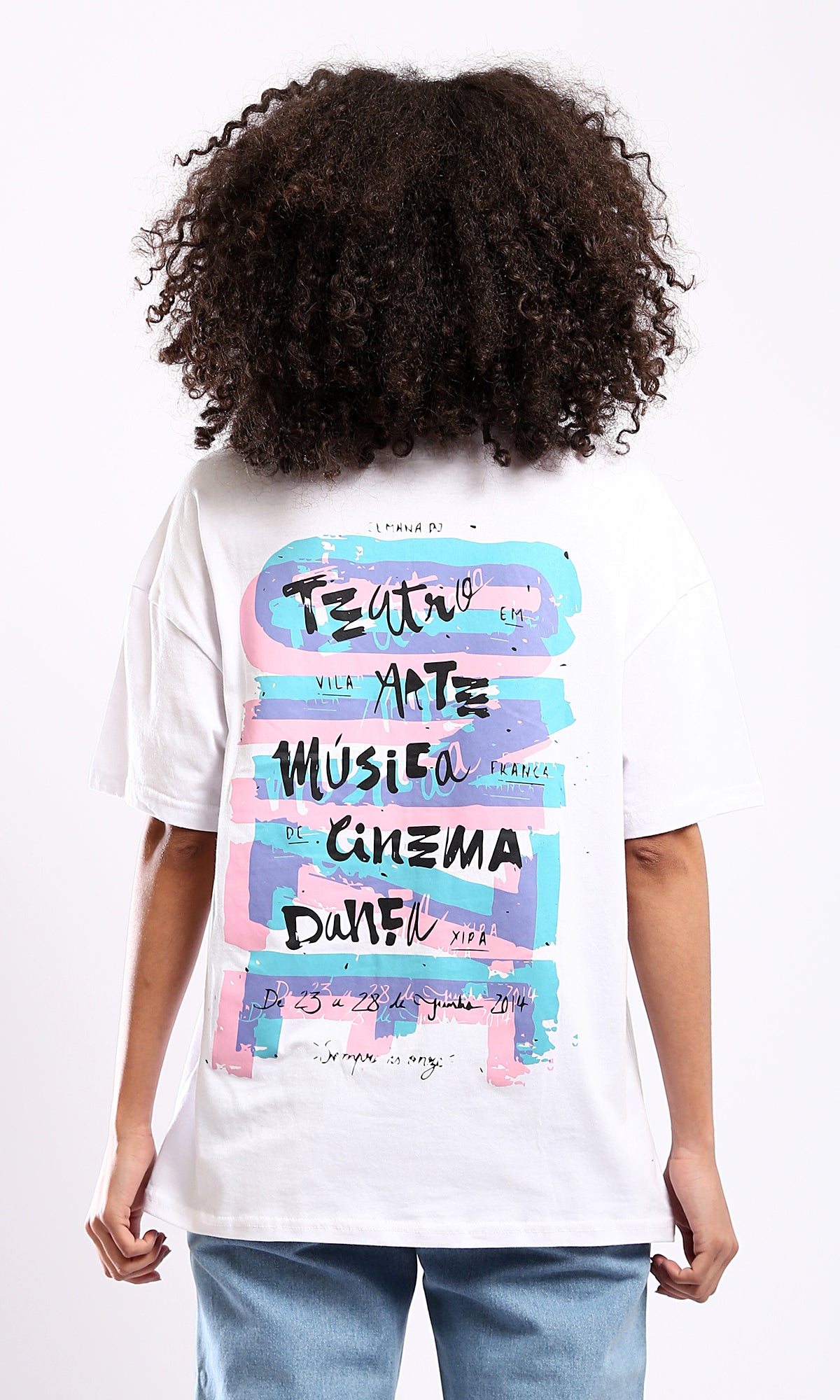 O178405 White Cotton Tee with Front Print and Back Design