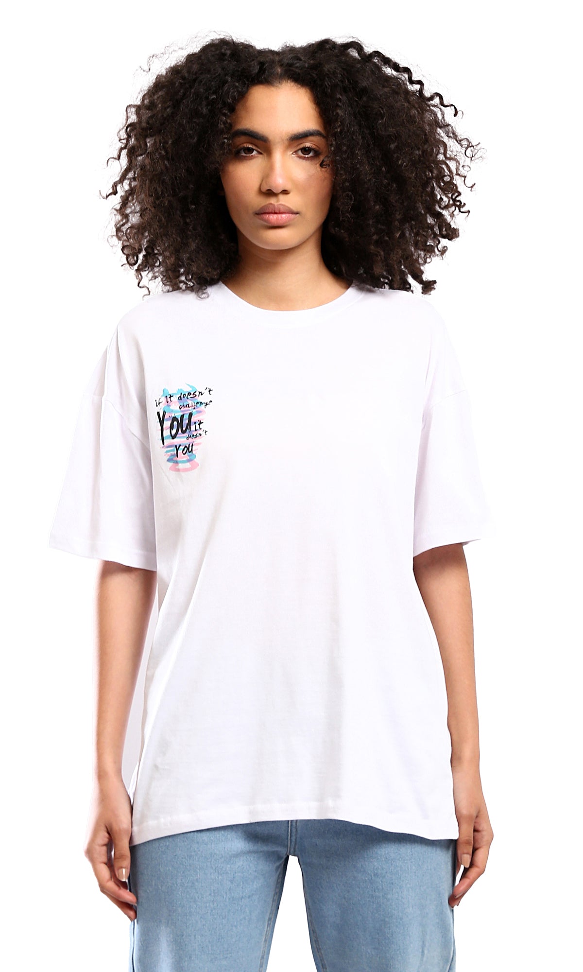 O178405 White Cotton Tee with Front Print and Back Design