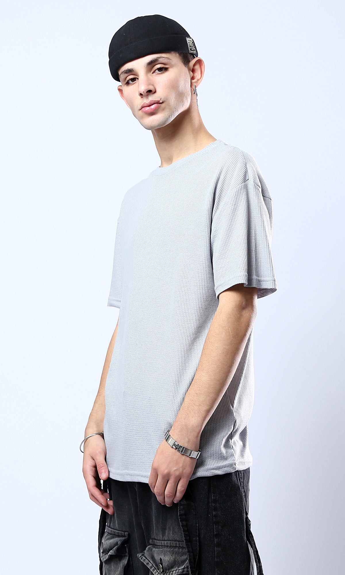 O178879 Cotton Tee - Grey Elbow-Sleeves Self Pattern