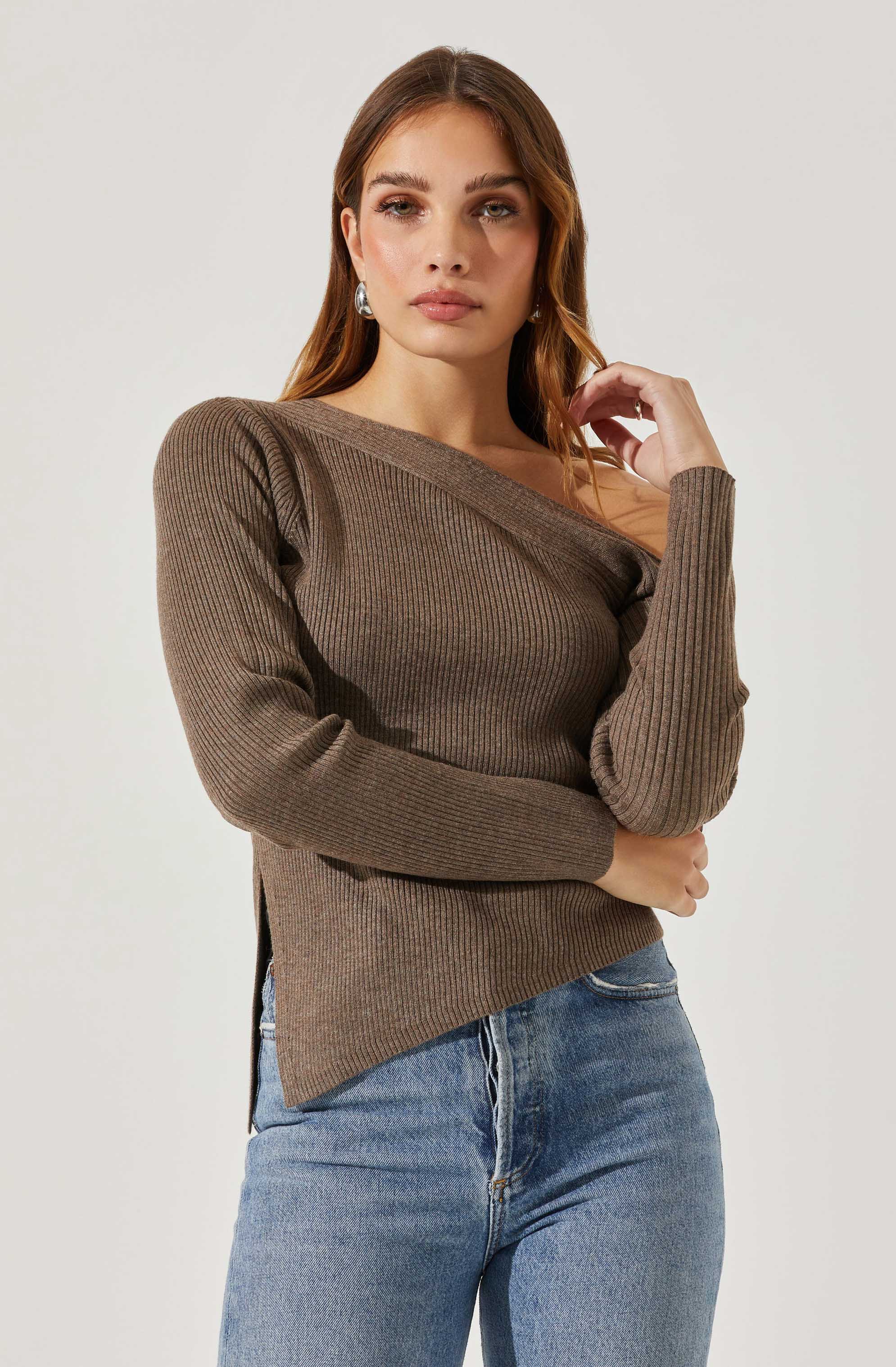 Off Shoulder Ribbed Knit Sweater