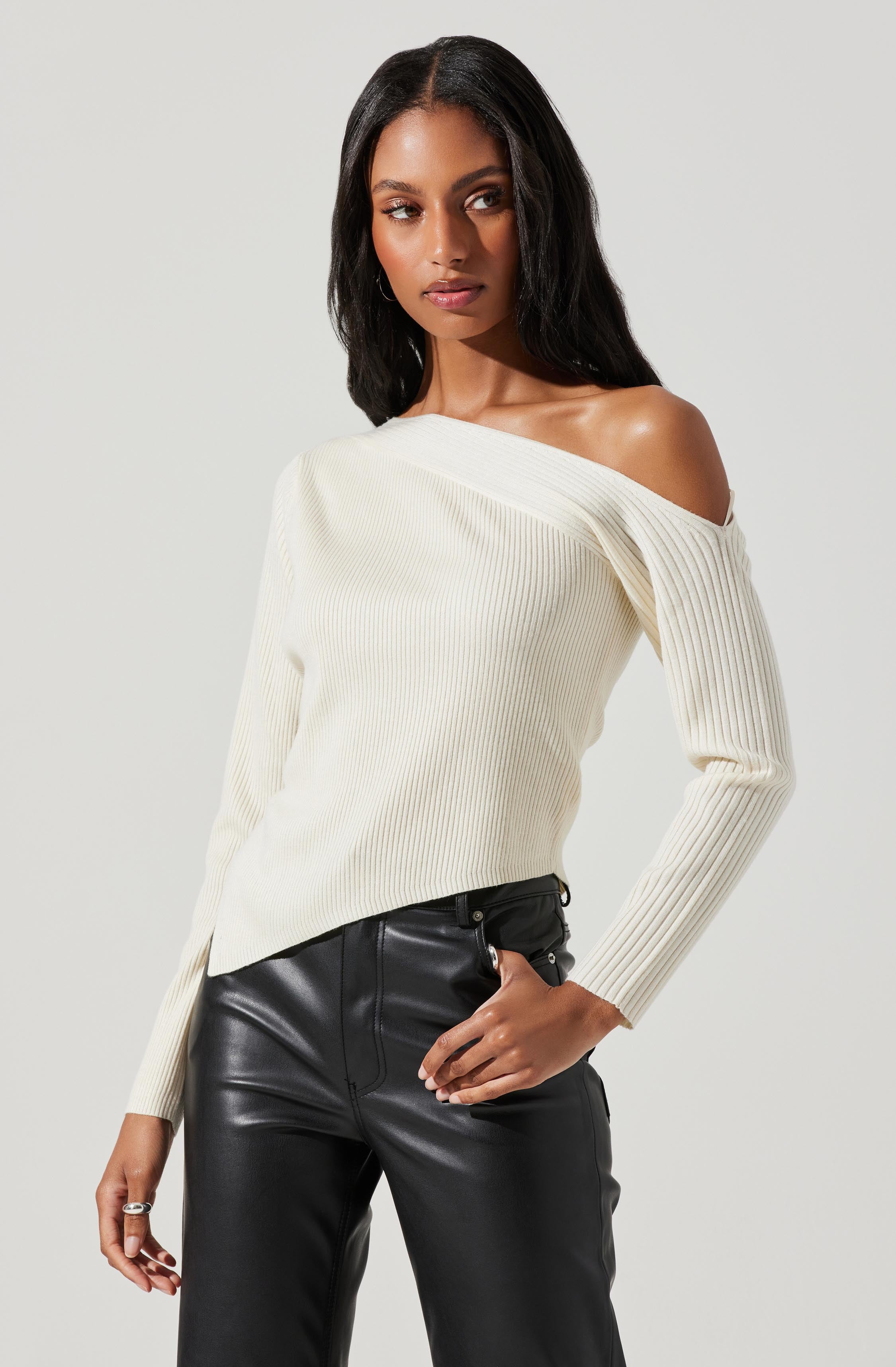 Off Shoulder Ribbed Knit Sweater