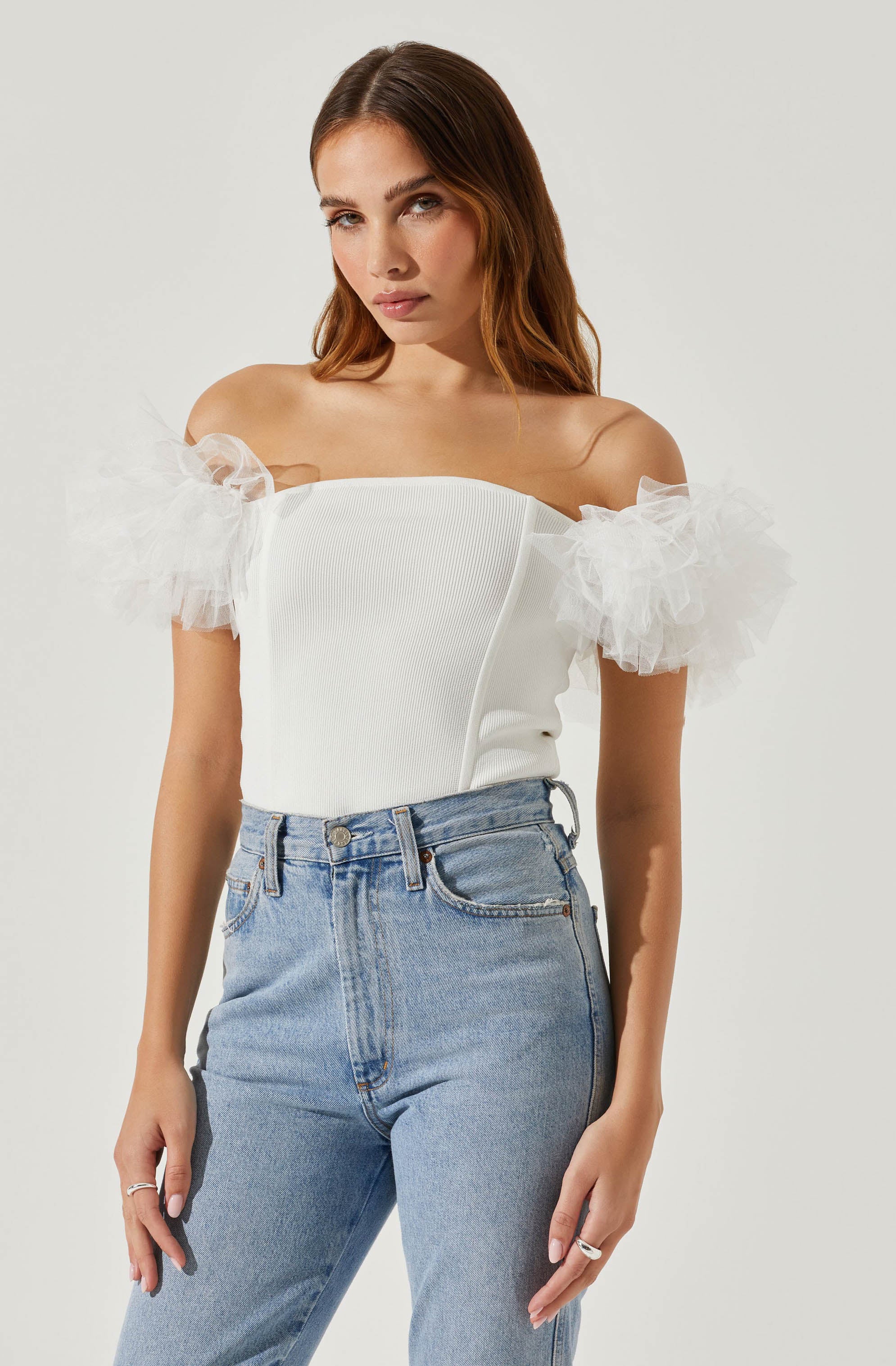 Off Shoulder Tulle Sleeve Sweater - Calla