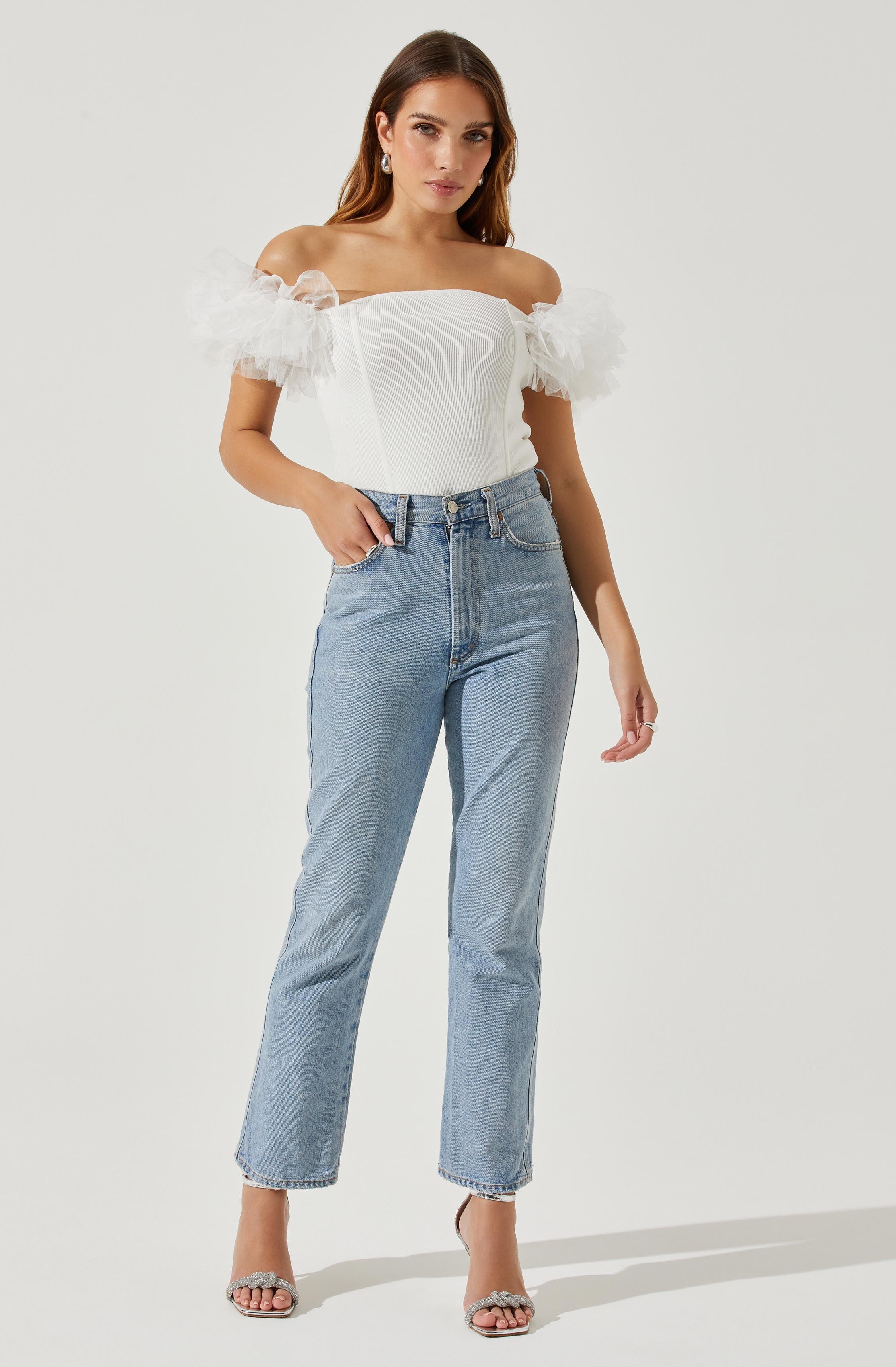 Off Shoulder Tulle Sleeve Sweater - Calla