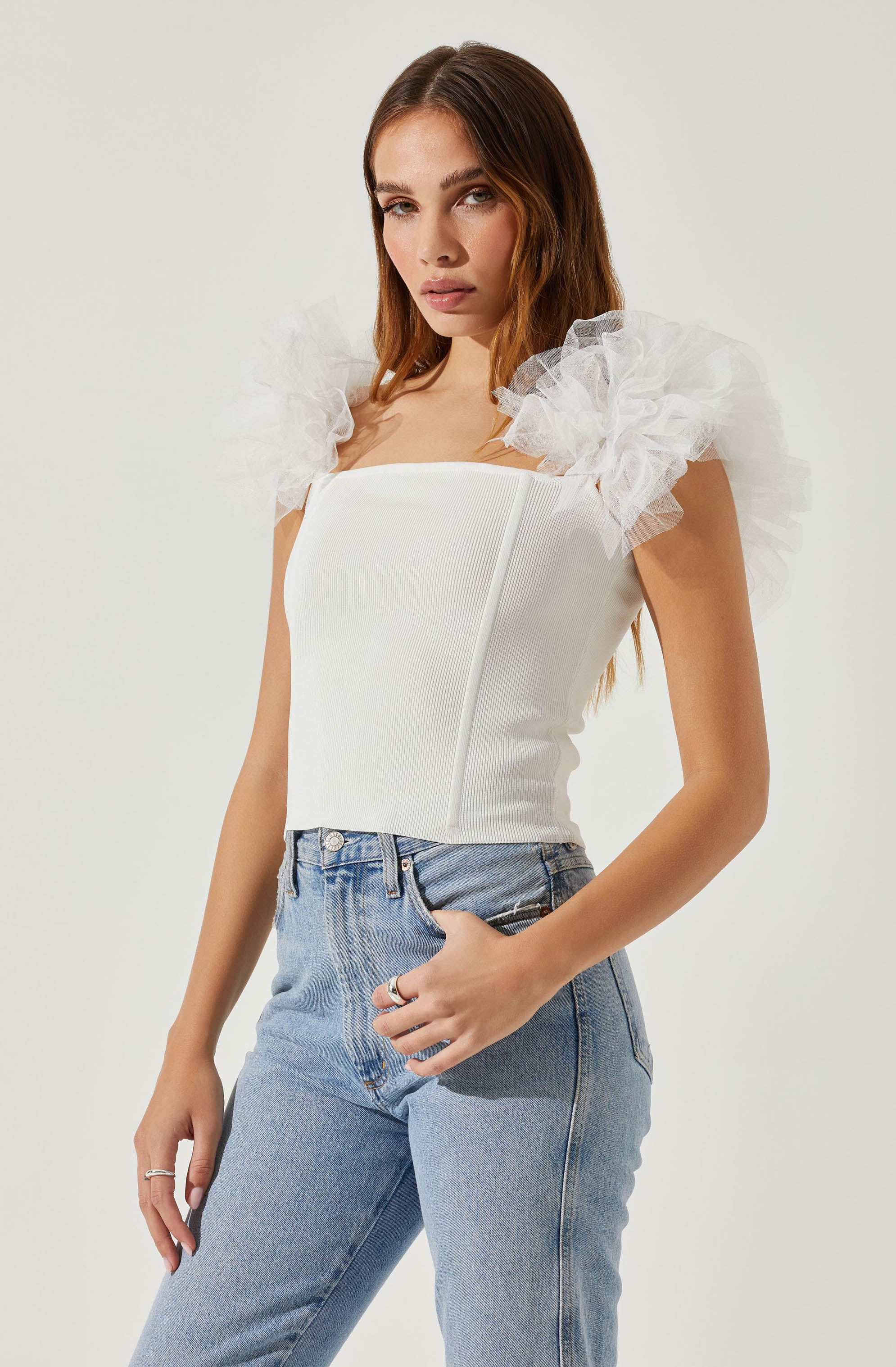 Off Shoulder Tulle Sleeve Sweater - Calla