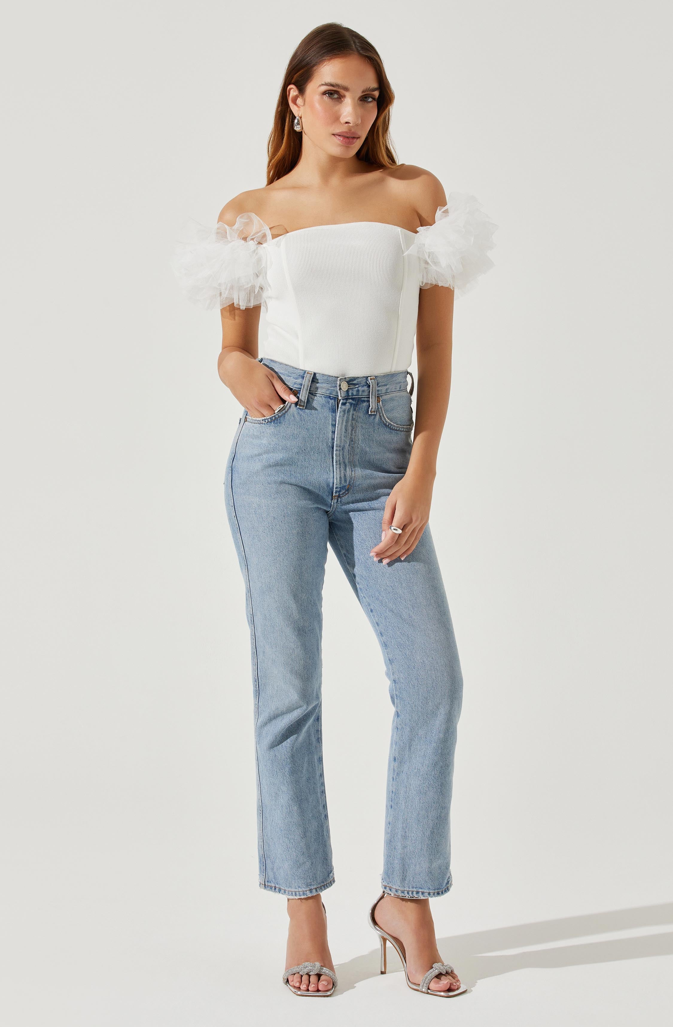 Off Shoulder Tulle Sleeve Sweater - Calla