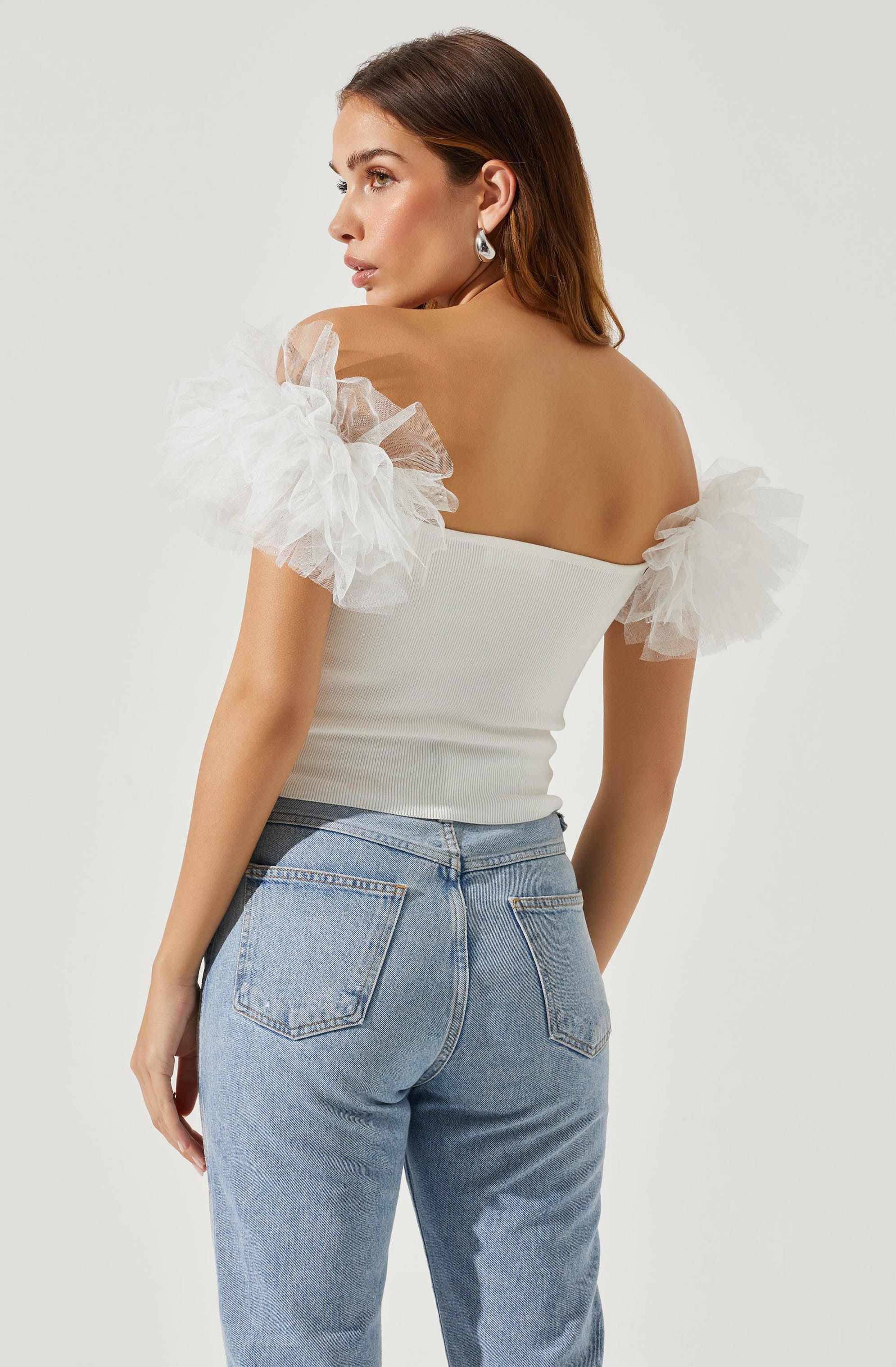 Off Shoulder Tulle Sleeve Sweater - Calla