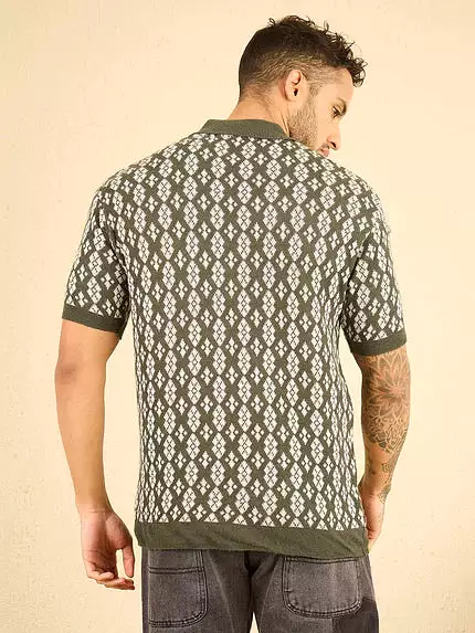 olive printed knitted zipper polo shirt