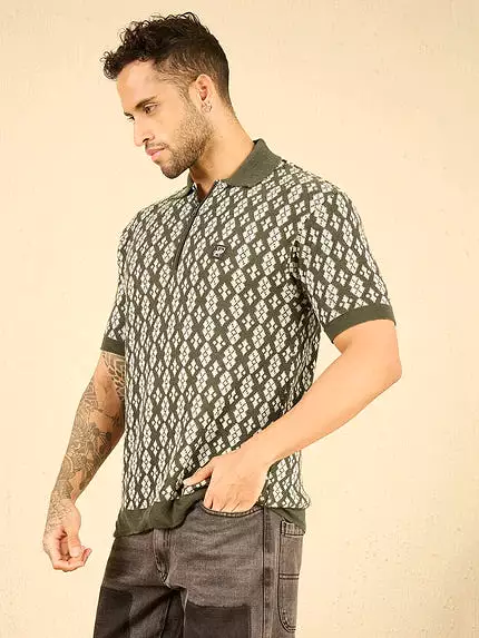 olive printed knitted zipper polo shirt