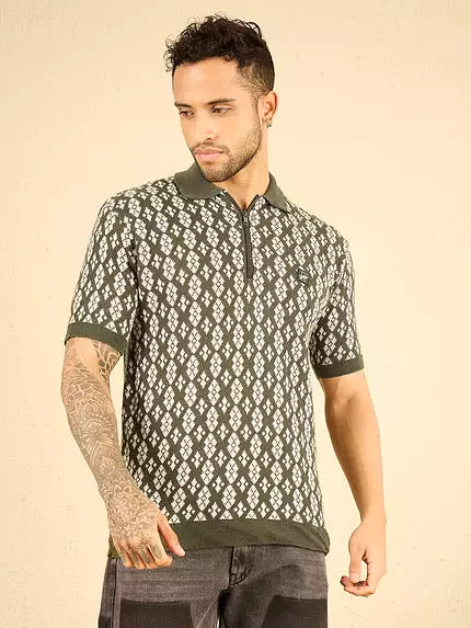 olive printed knitted zipper polo shirt