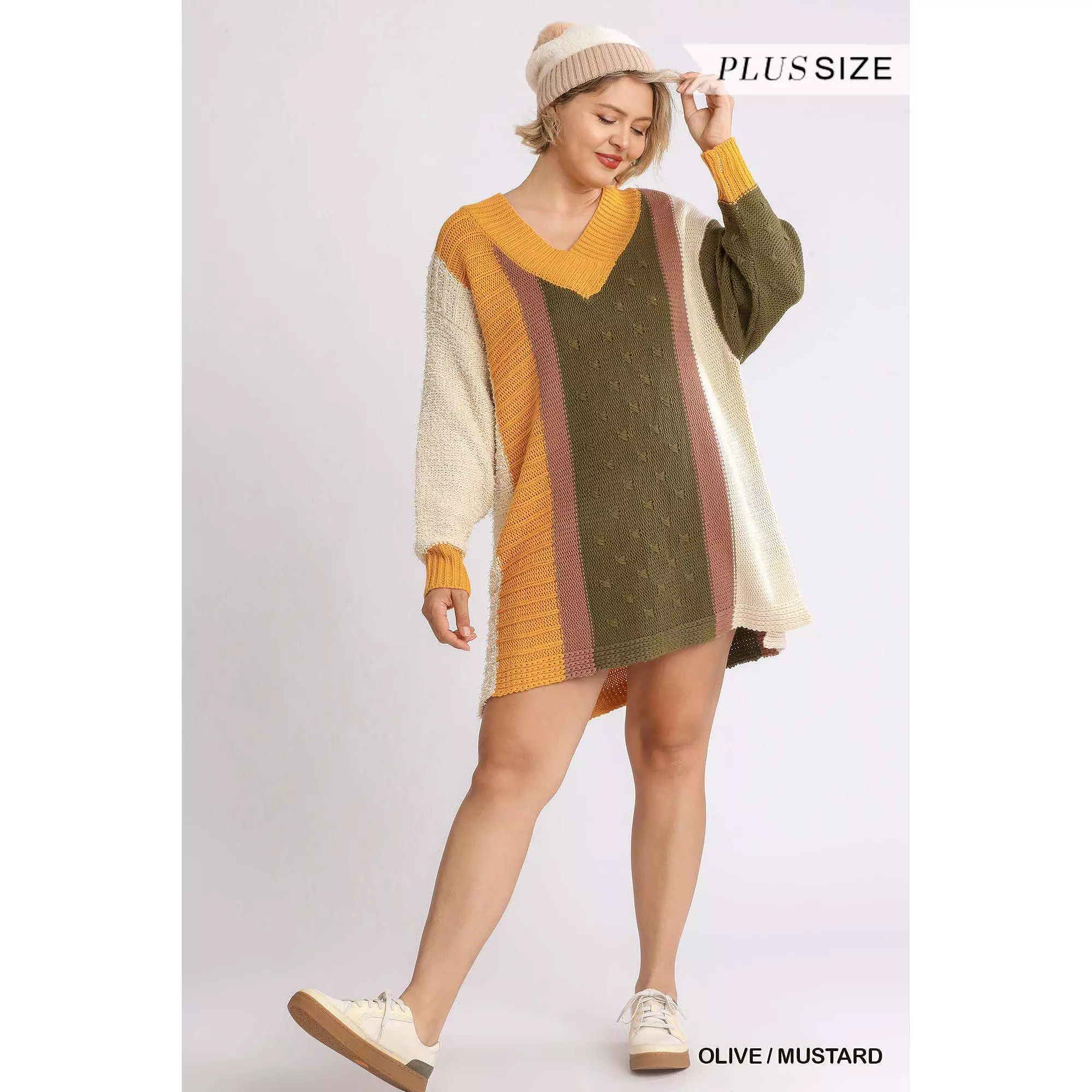 Oversized Multicolor Bouclé V-neck Sweater Dress With Side Slit