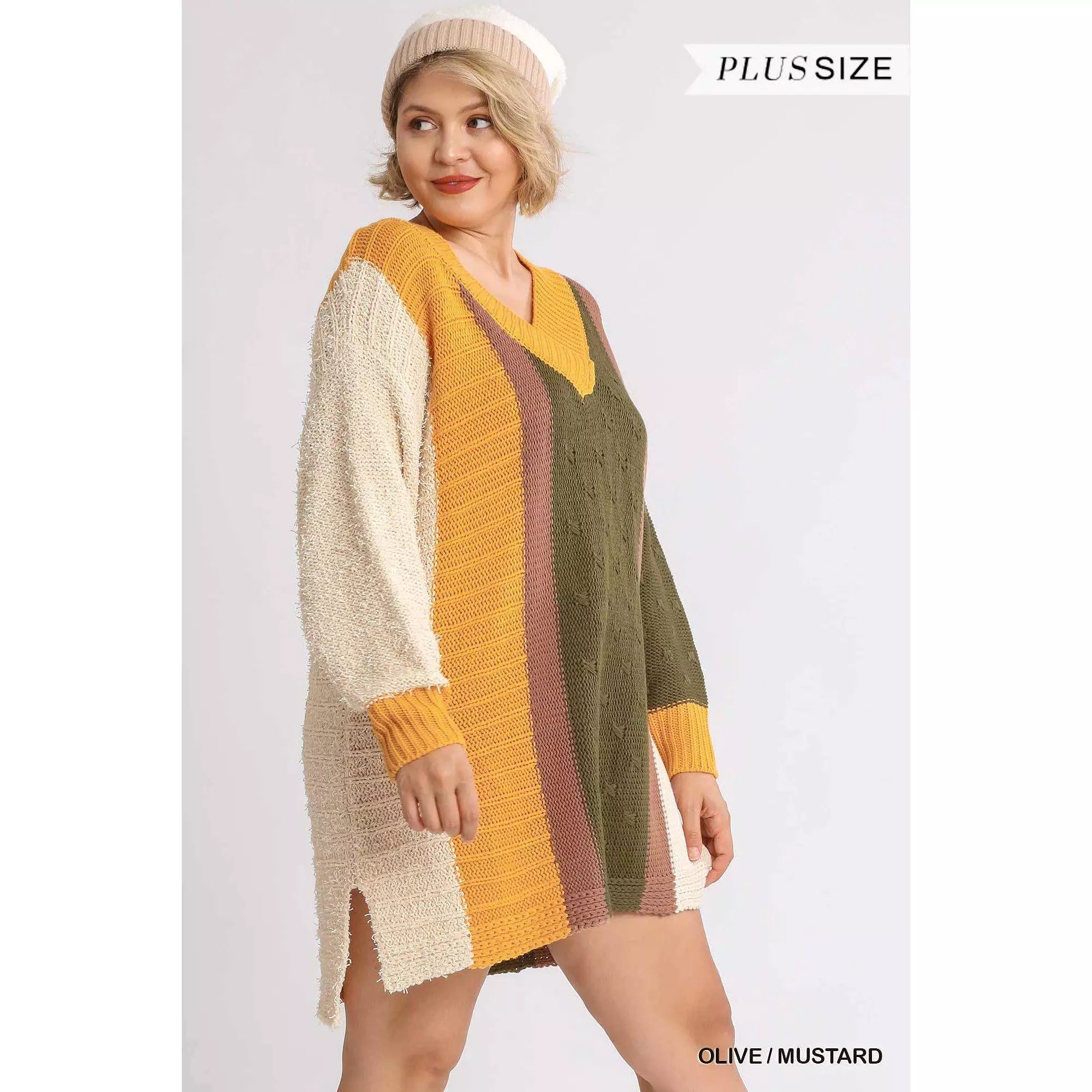 Oversized Multicolor Bouclé V-neck Sweater Dress With Side Slit