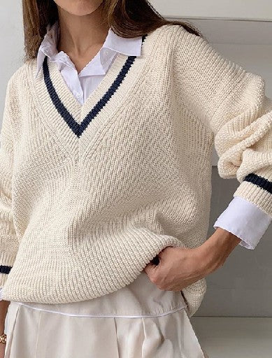 Oversized Women's Knitted Collegiate Preppy Team V-Neck Sweater