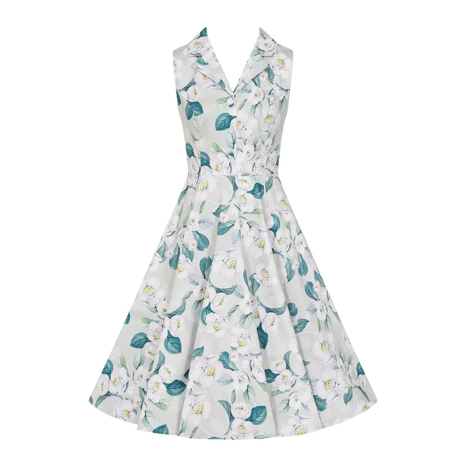 Pale Mint Green and White Floral Collared Sleeveless 1950s Swing Tea Dress