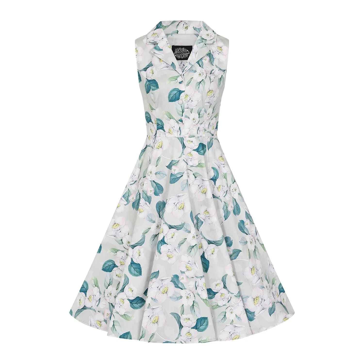 Pale Mint Green and White Floral Collared Sleeveless 1950s Swing Tea Dress