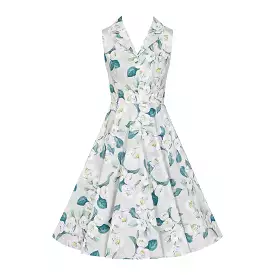 Pale Mint Green and White Floral Collared Sleeveless 1950s Swing Tea Dress