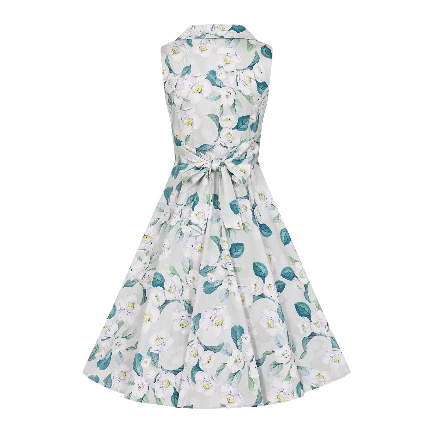 Pale Mint Green and White Floral Collared Sleeveless 1950s Swing Tea Dress