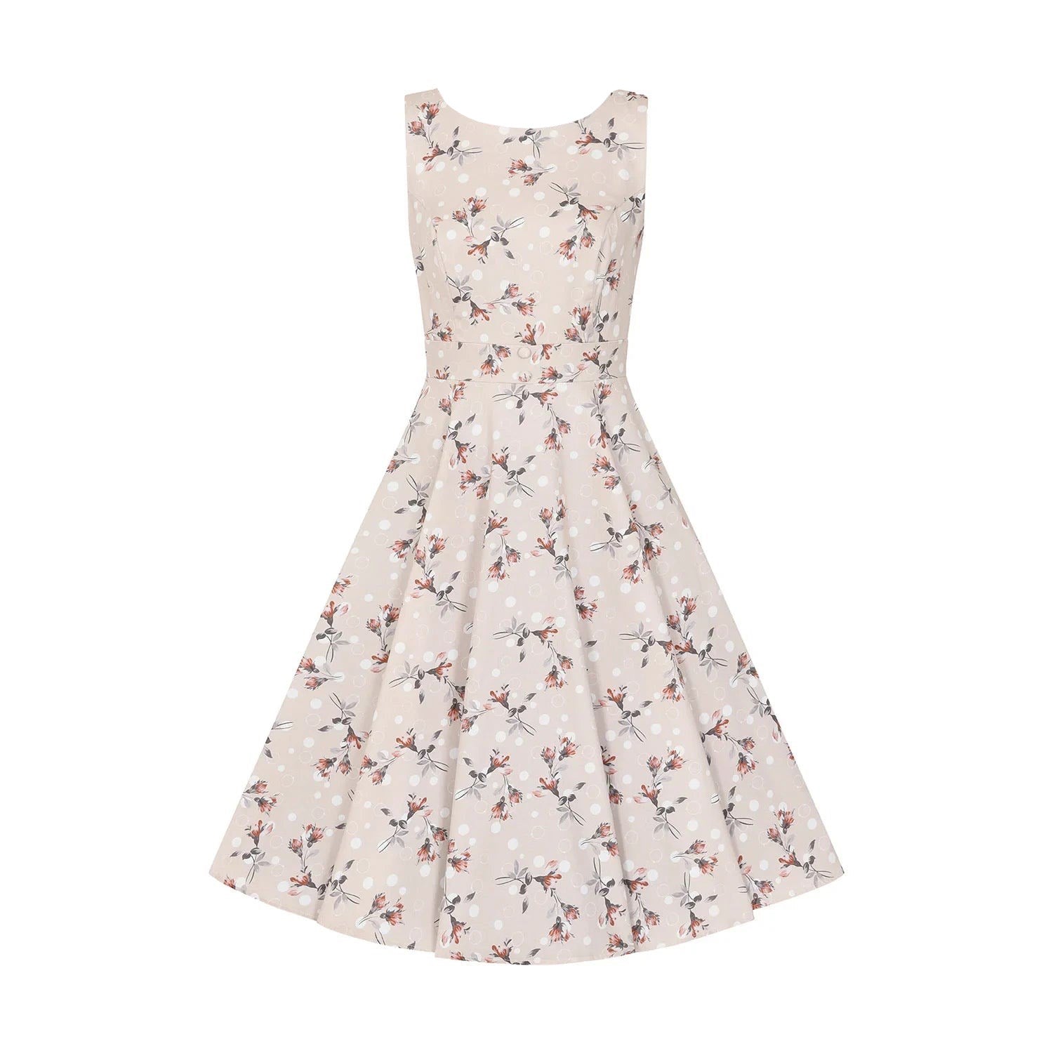 Pale Salmon Pink Polka Dot Floral Sleeveless Tea Dress