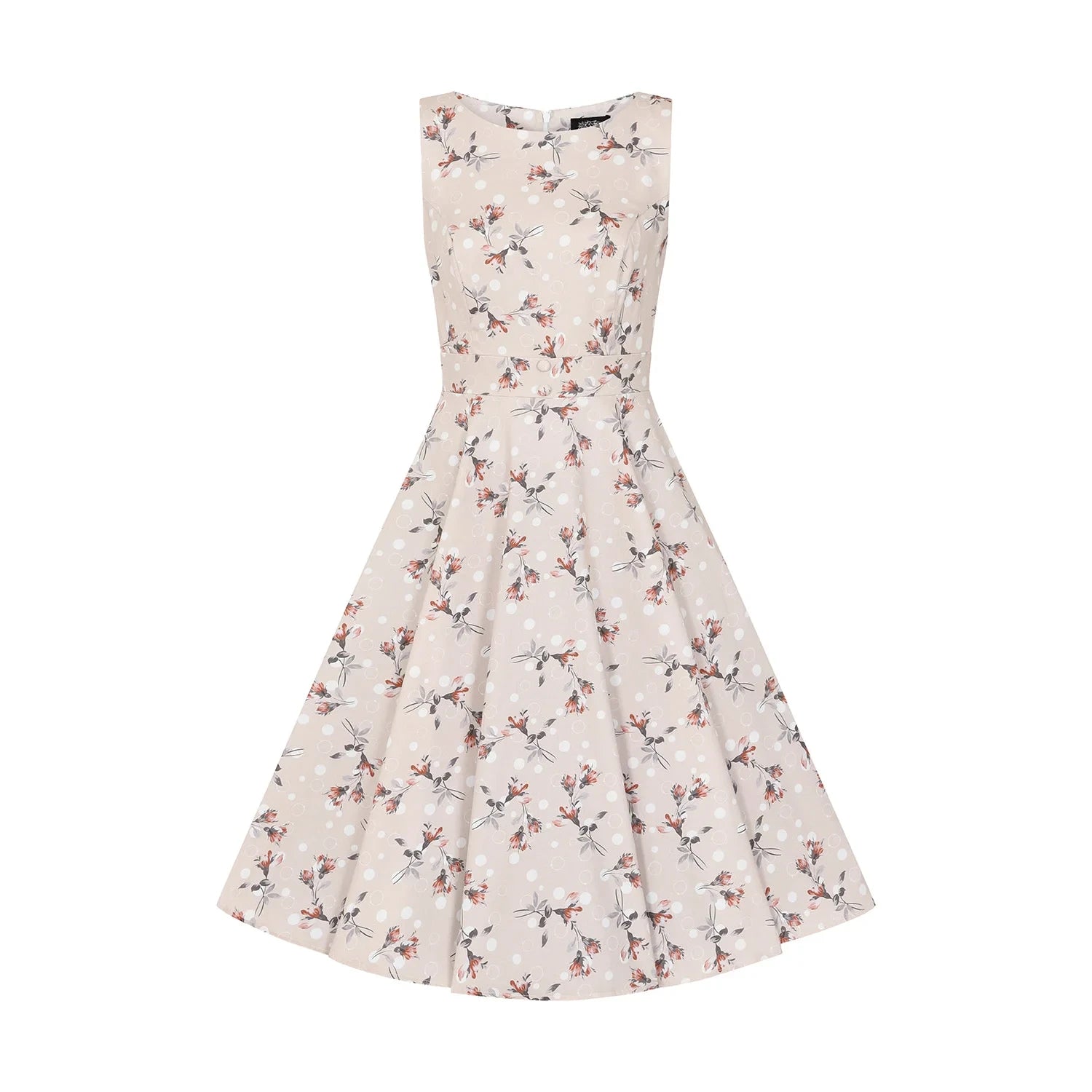 Pale Salmon Pink Polka Dot Floral Sleeveless Tea Dress