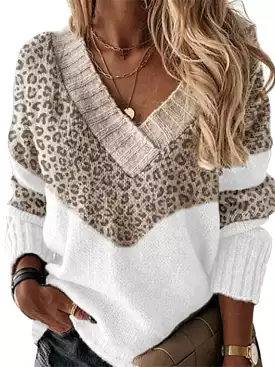 Patchwork Print V-Neck Sweater with Leopard Print