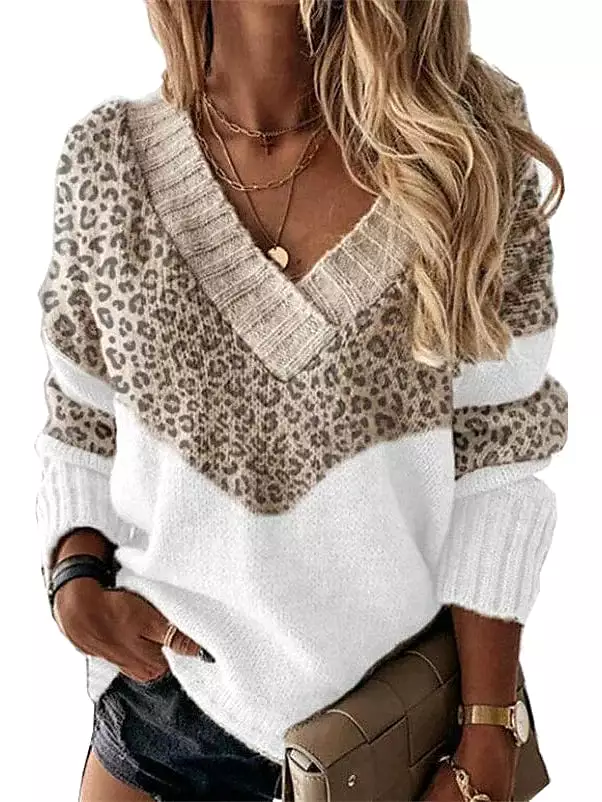 Patchwork Print V-Neck Sweater with Leopard Print