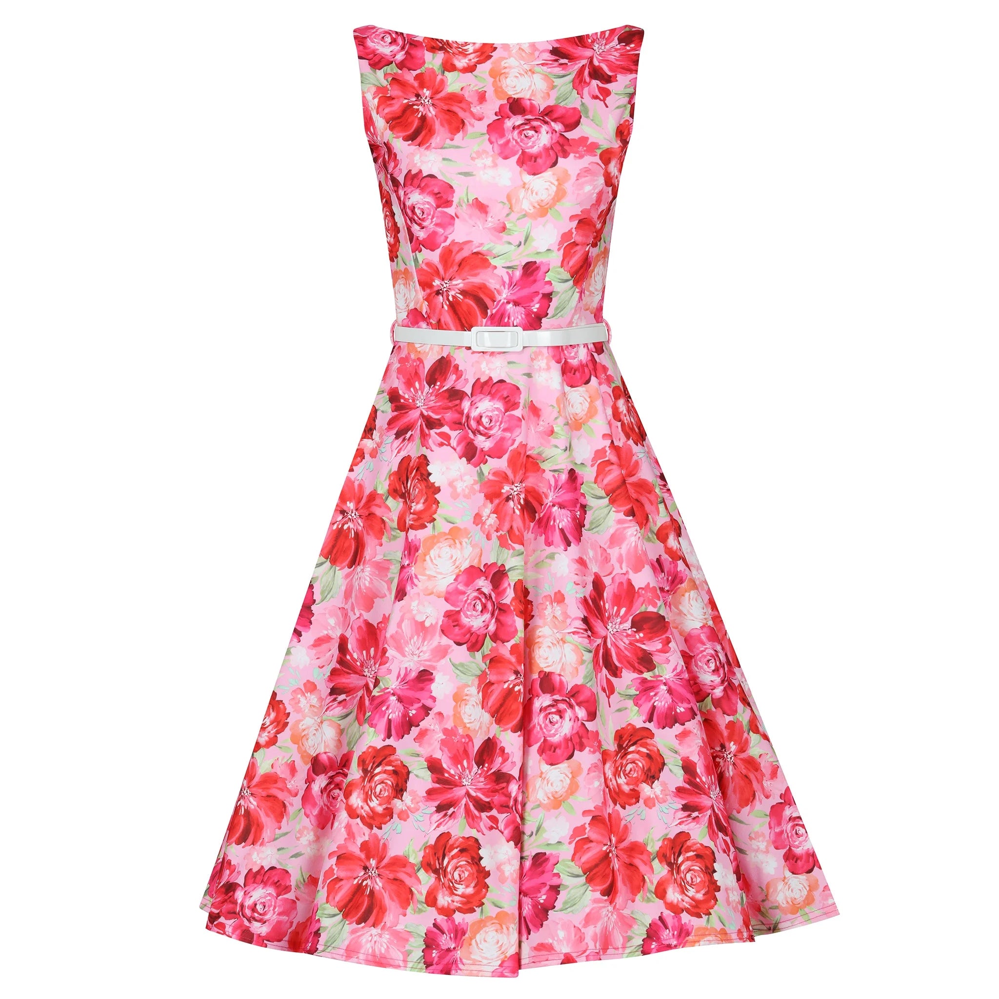 Pink Floral Audrey Hepburn Style 50s Swing Dress With Boat Neckline