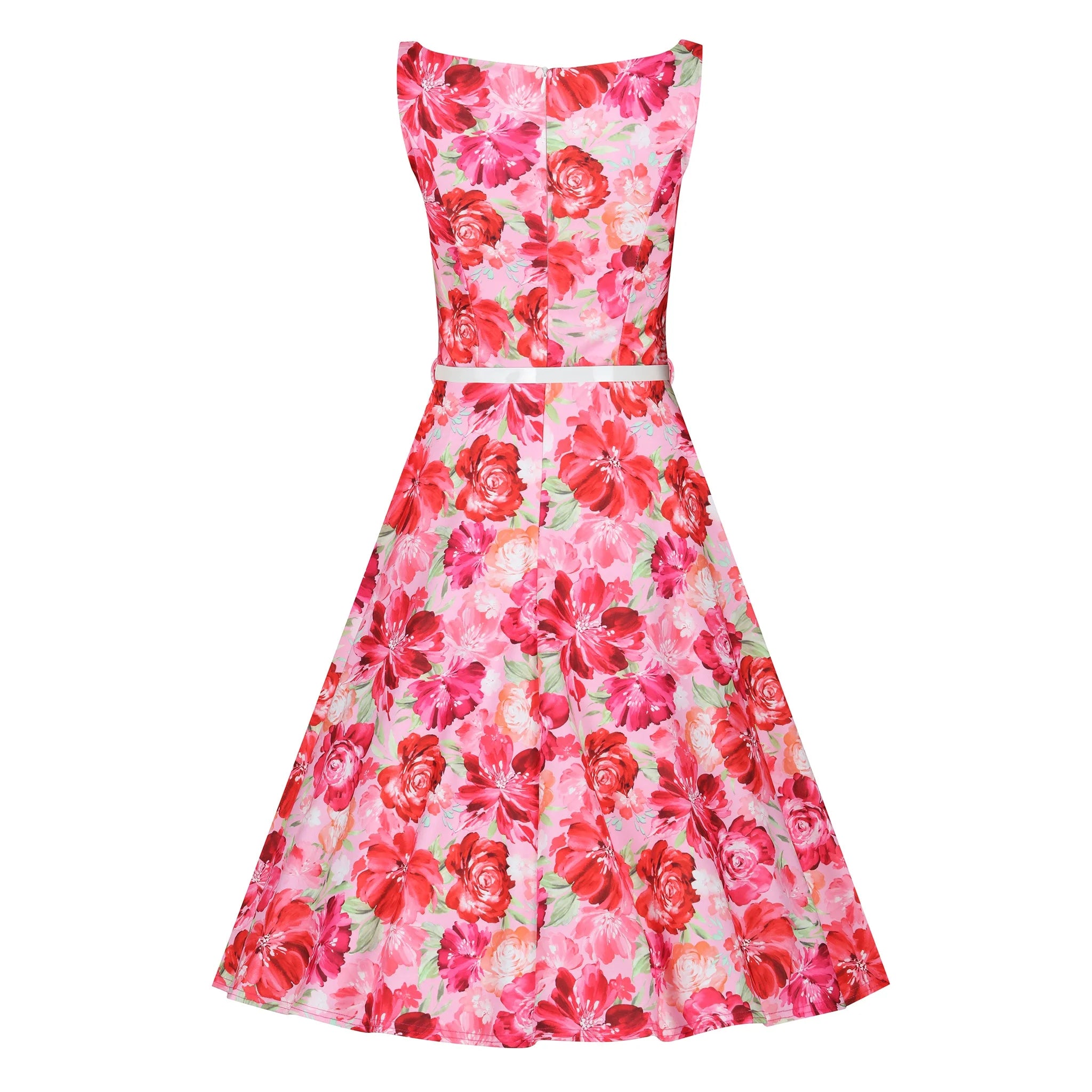 Pink Floral Audrey Hepburn Style 50s Swing Dress With Boat Neckline