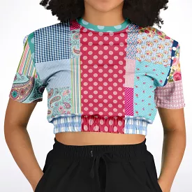 Pink Floral Plaid Crop Sweater - Eco-friendly Patchwork Short Sleeve