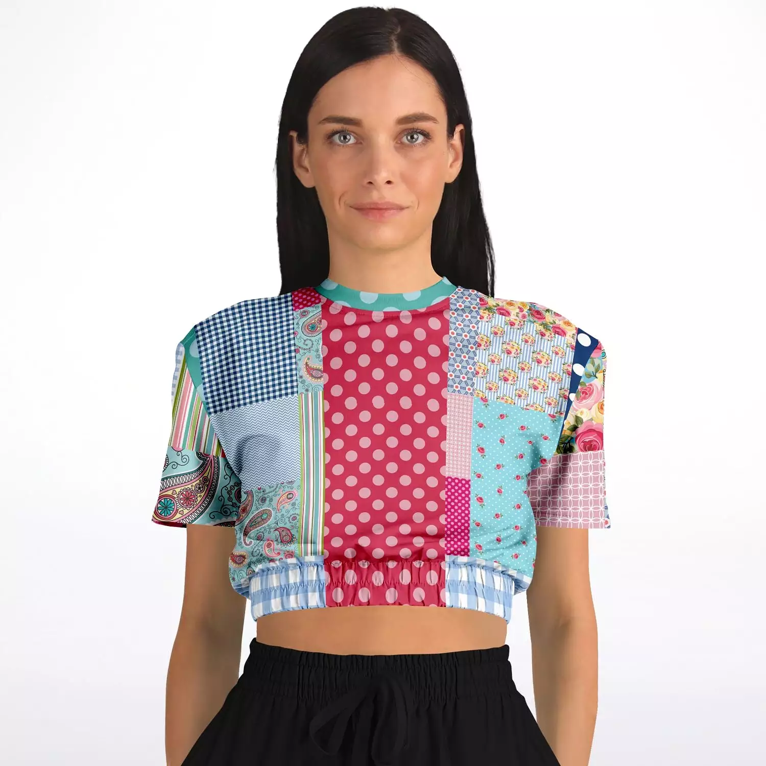 Pink Floral Plaid Crop Sweater - Eco-friendly Patchwork Short Sleeve