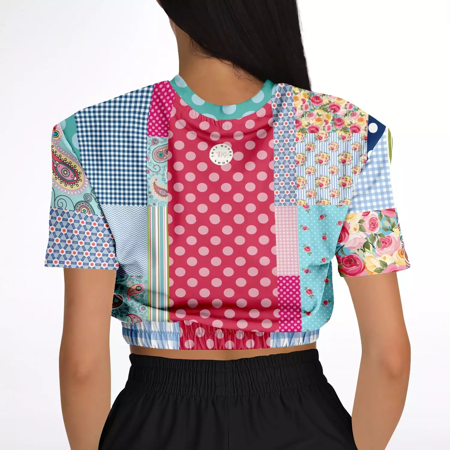 Pink Floral Plaid Crop Sweater - Eco-friendly Patchwork Short Sleeve