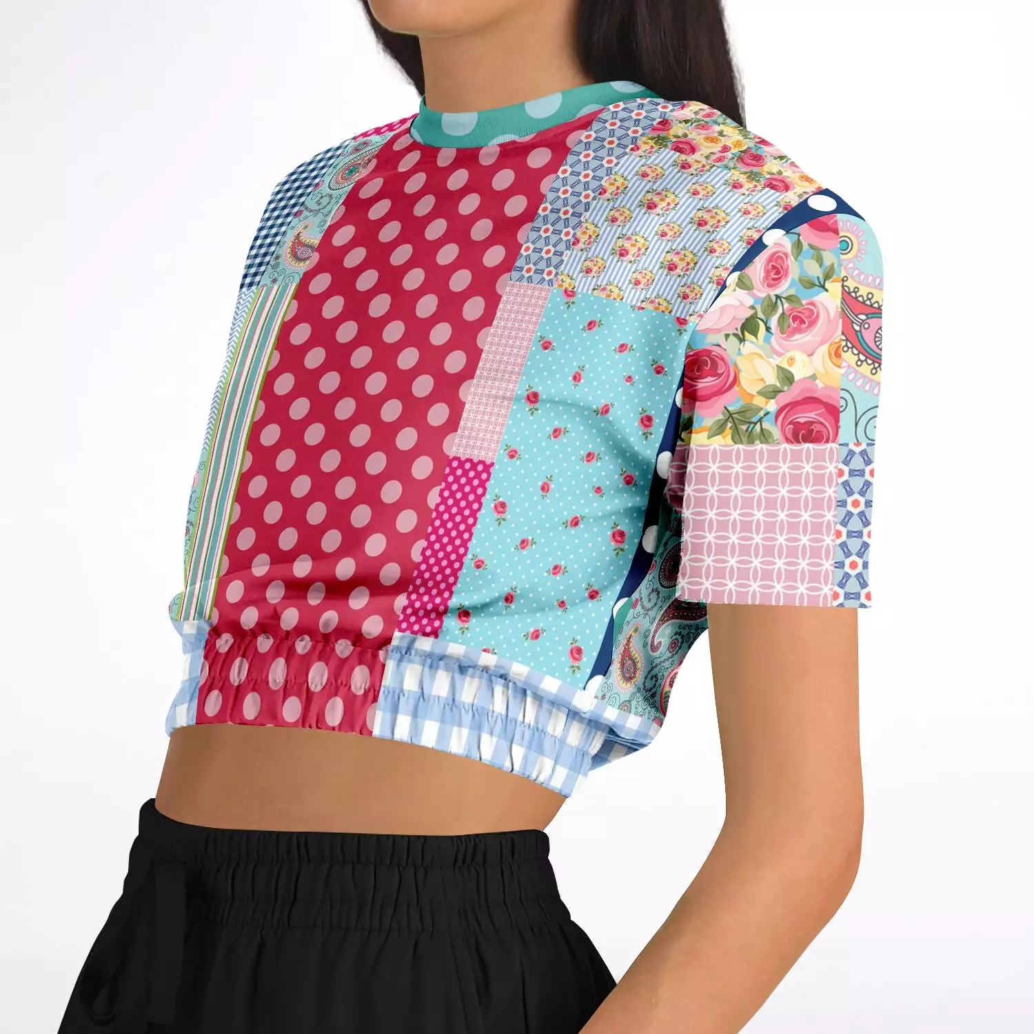 Pink Floral Plaid Crop Sweater - Eco-friendly Patchwork Short Sleeve