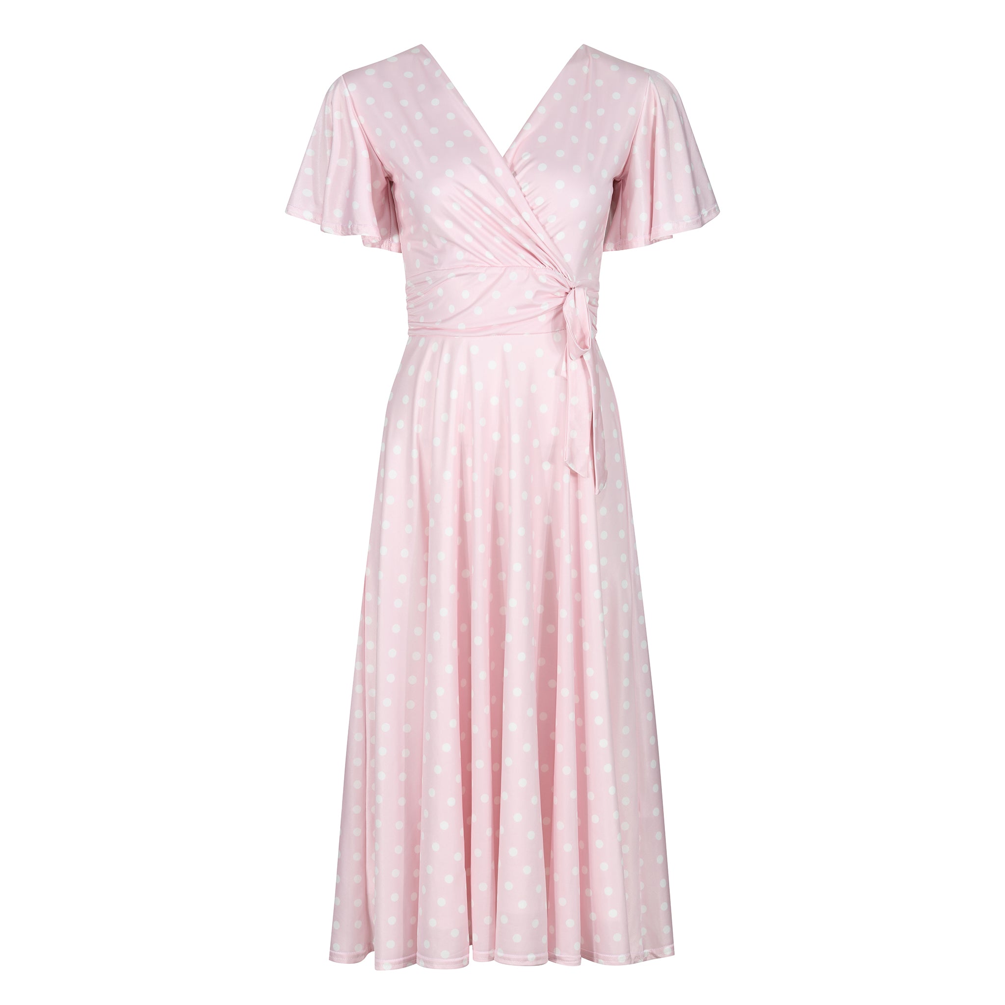 Pink polka dot swing dress with waterfall sleeves.