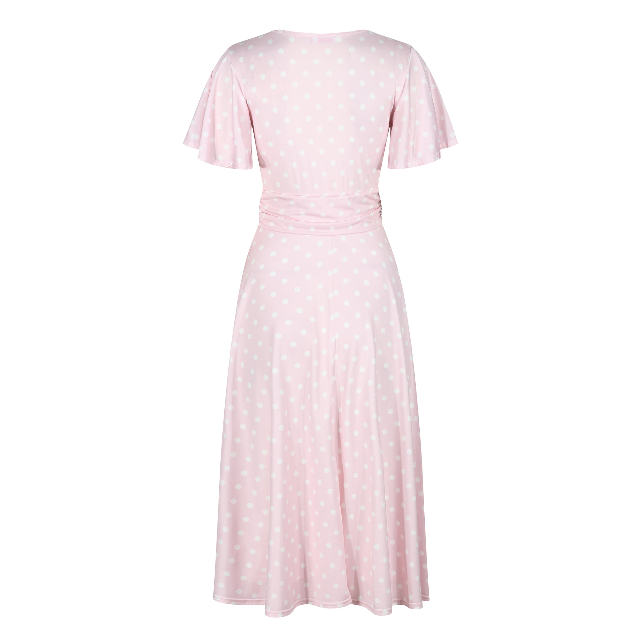 Pink polka dot swing dress with waterfall sleeves.