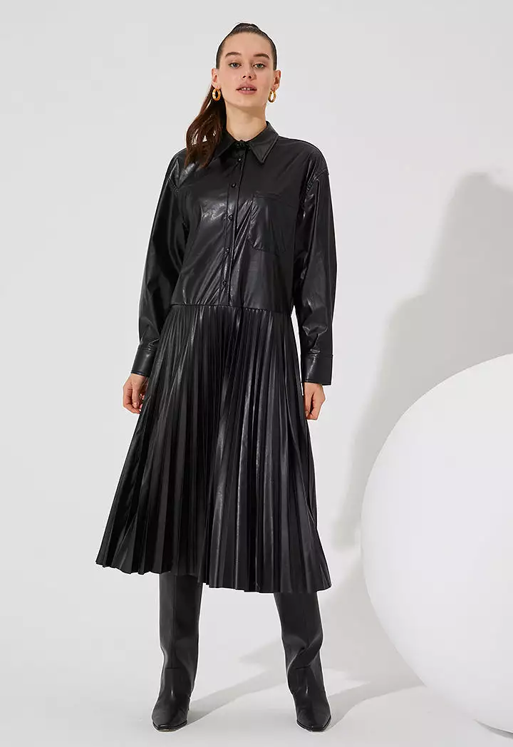 Pleated Skirt Shirt Dress