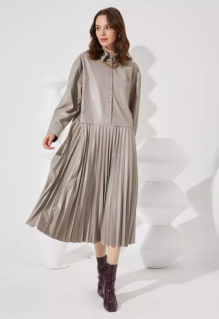 Pleated Skirt Shirt Dress