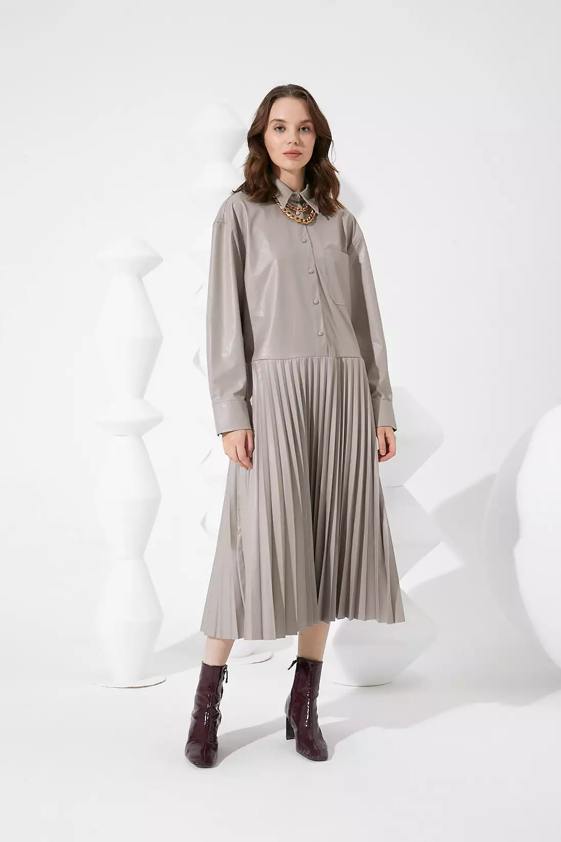 Pleated Skirt Shirt Dress