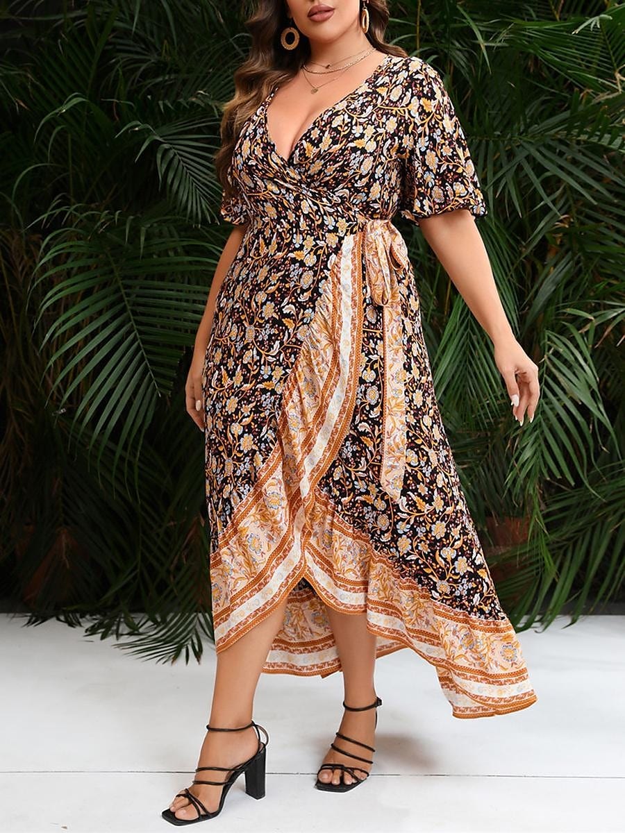 Plus Size Floral Maxi Dress with V-Neck and Long Sleeves