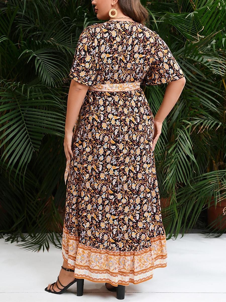 Plus Size Floral Maxi Dress with V-Neck and Long Sleeves