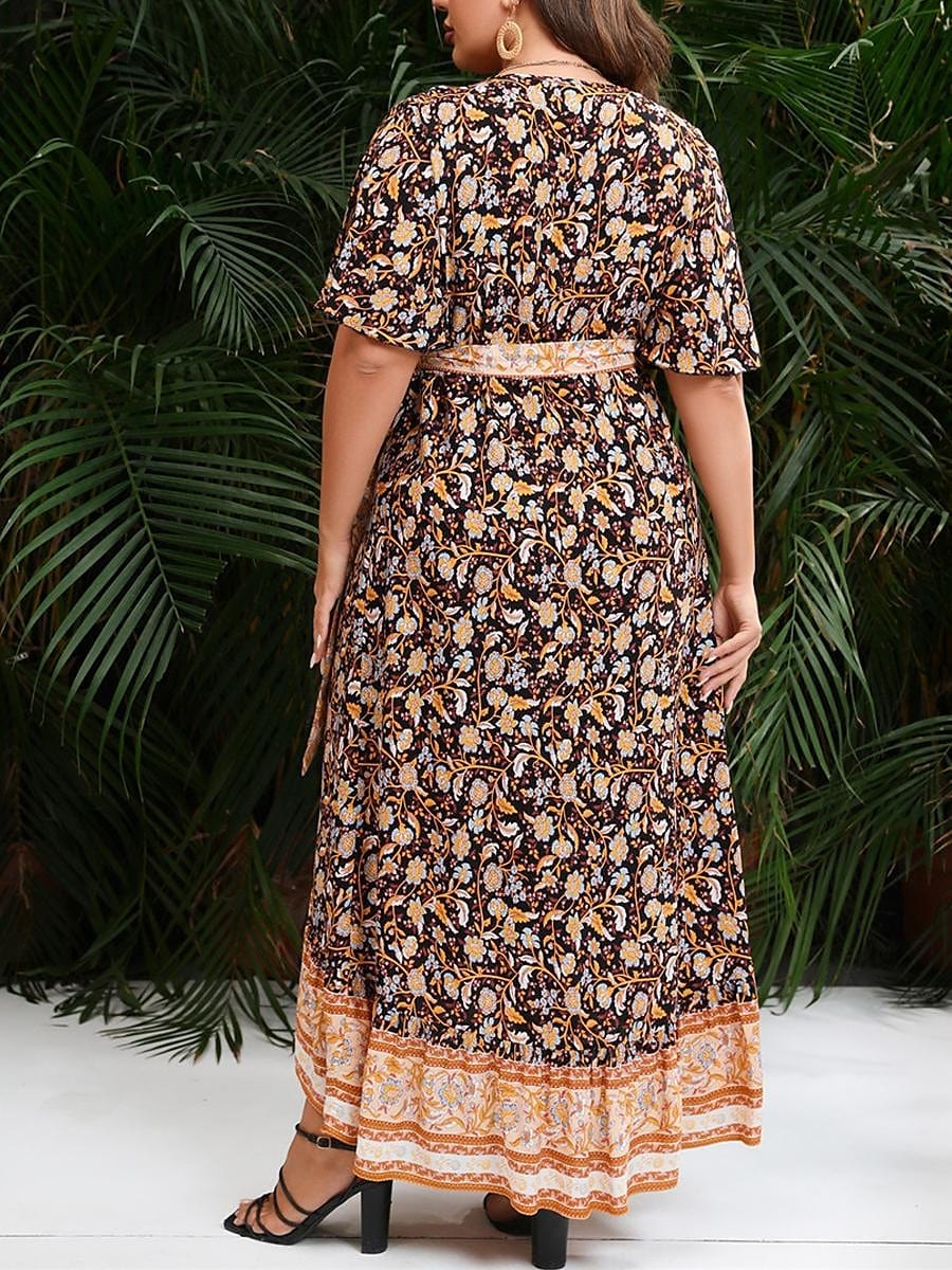 Plus Size Floral Maxi Dress with V-Neck and Long Sleeves