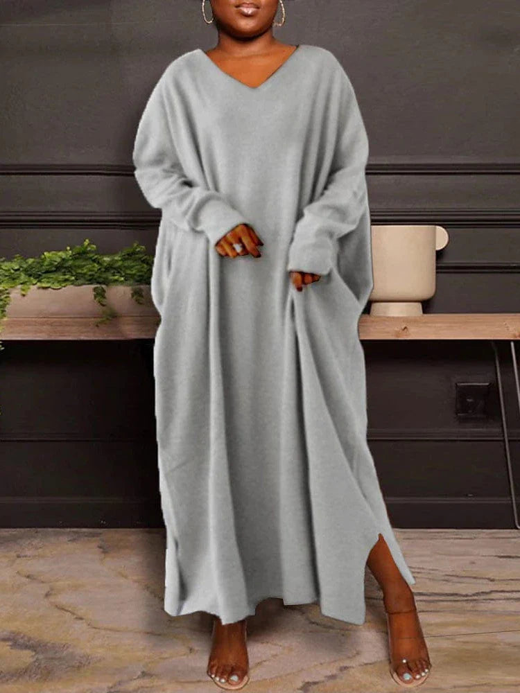 Plus Size Maxi Dress with V-neck and Long Sleeves