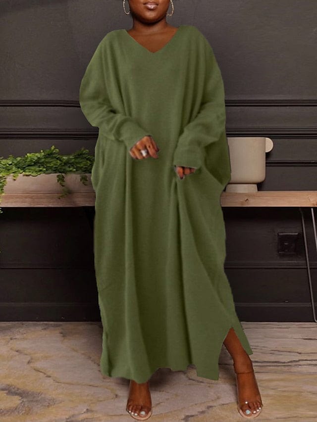 Plus Size Maxi Dress with V-neck and Long Sleeves