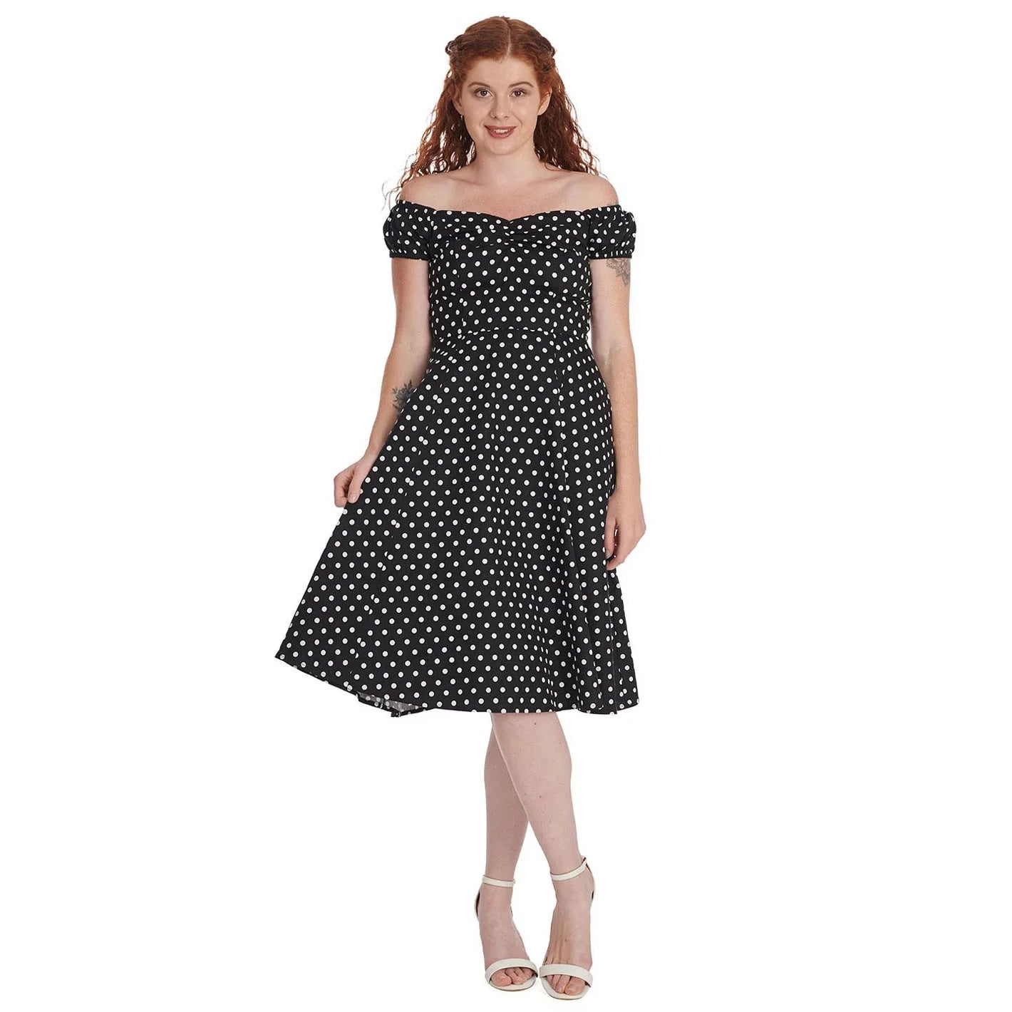 Polka Dot Bardot Neckline Puff Sleeve Swing Dress - Black & White - 50s Style