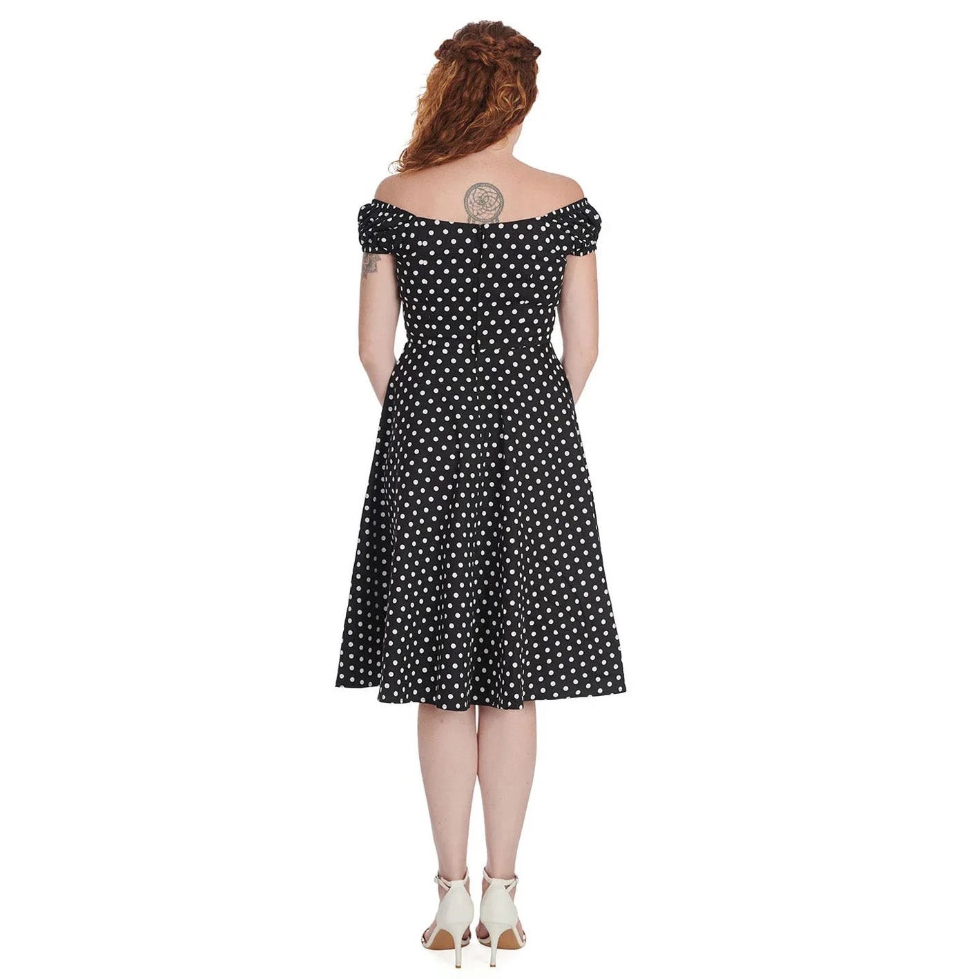 Polka Dot Bardot Neckline Puff Sleeve Swing Dress - Black & White - 50s Style