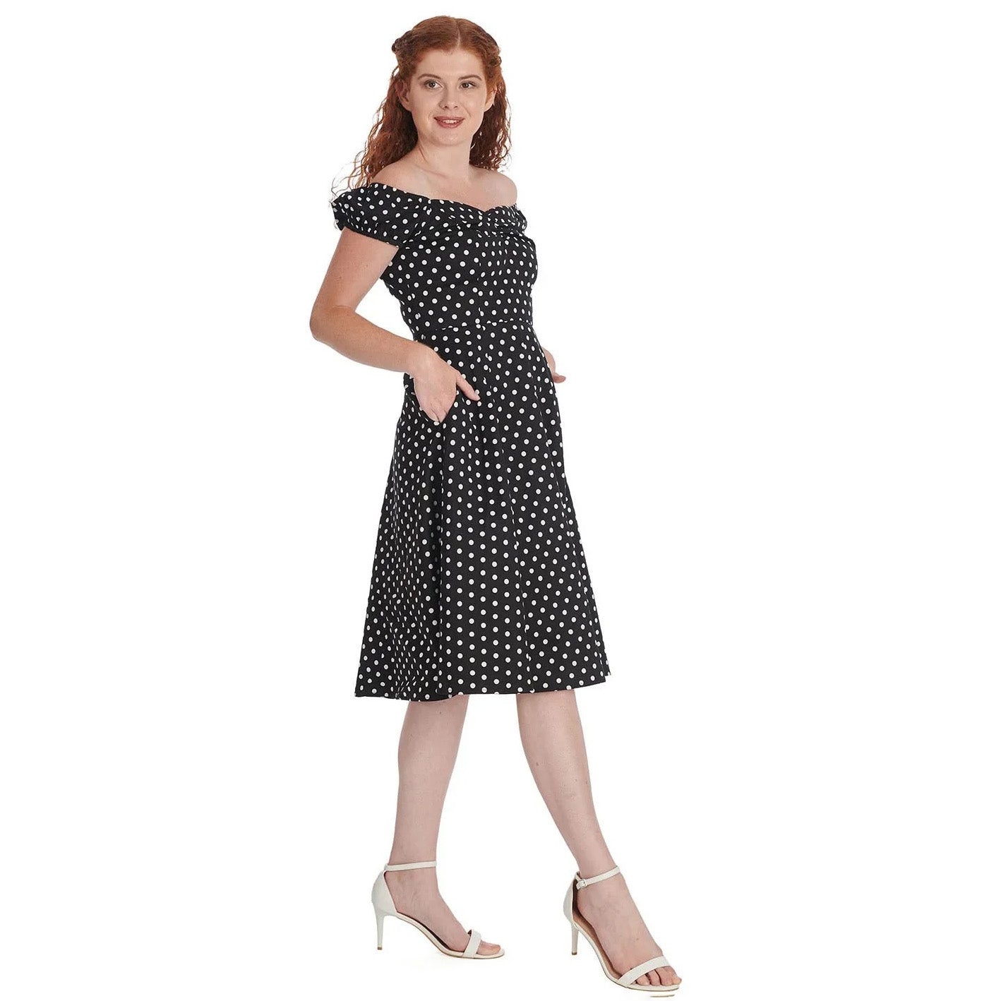 Polka Dot Bardot Neckline Puff Sleeve Swing Dress - Black & White - 50s Style